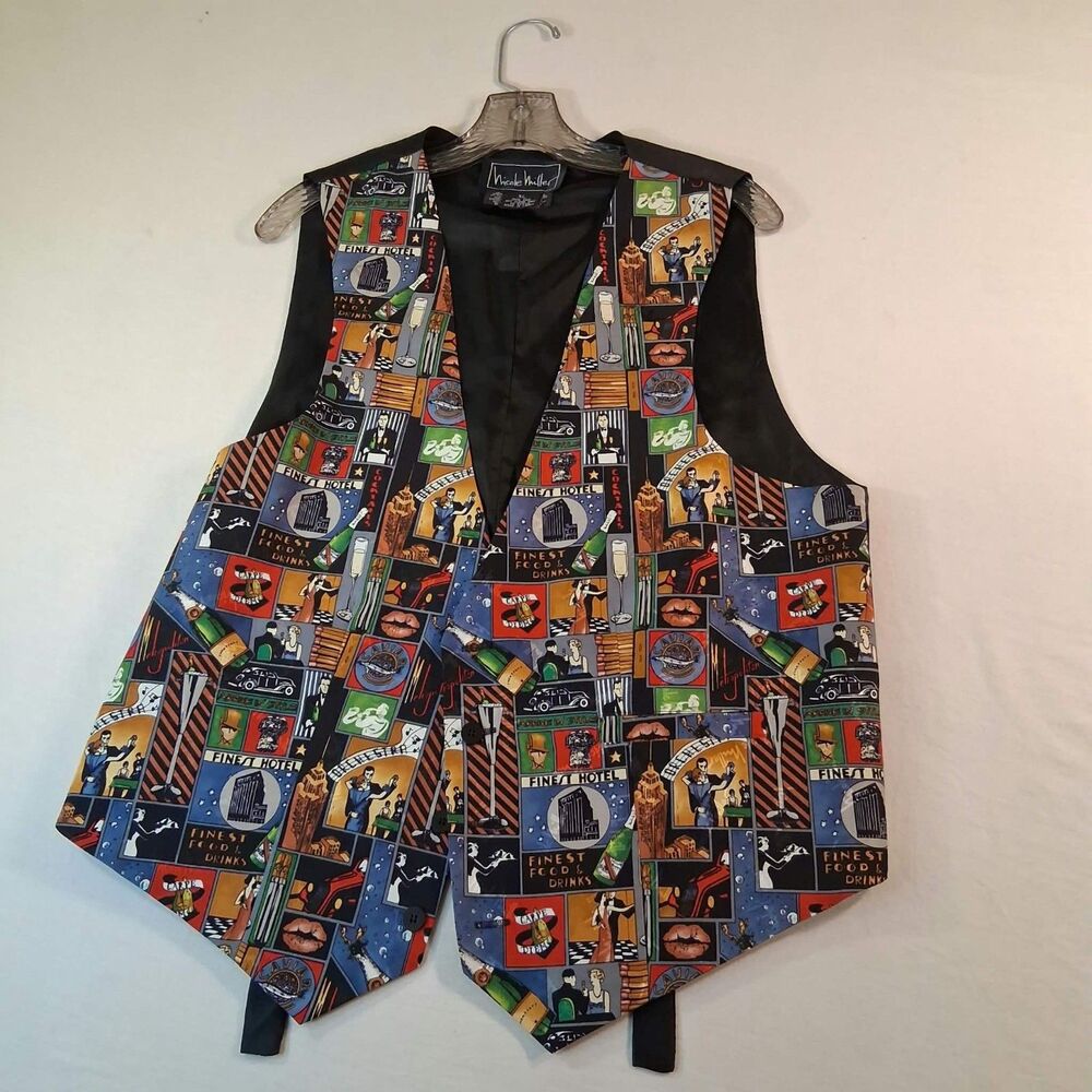 Vintage Nicole Miller 100% Silk Food Drink Cocktail Novelty Vest Mens XL NWOT